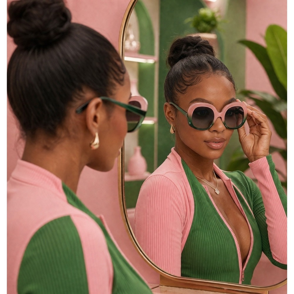 Womens Oversized Square Sunglasses Pink Green Gradient Frame Retro Shades - Picture 3 of 4